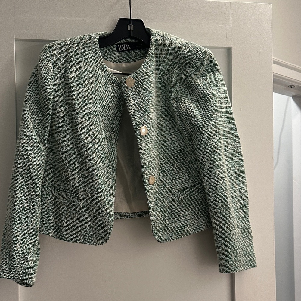 Zara Mint Green Tweed Pearl-Button Cropped Blazer